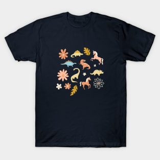 Dinosaurs + Unicorns in Coral + Blue T-Shirt